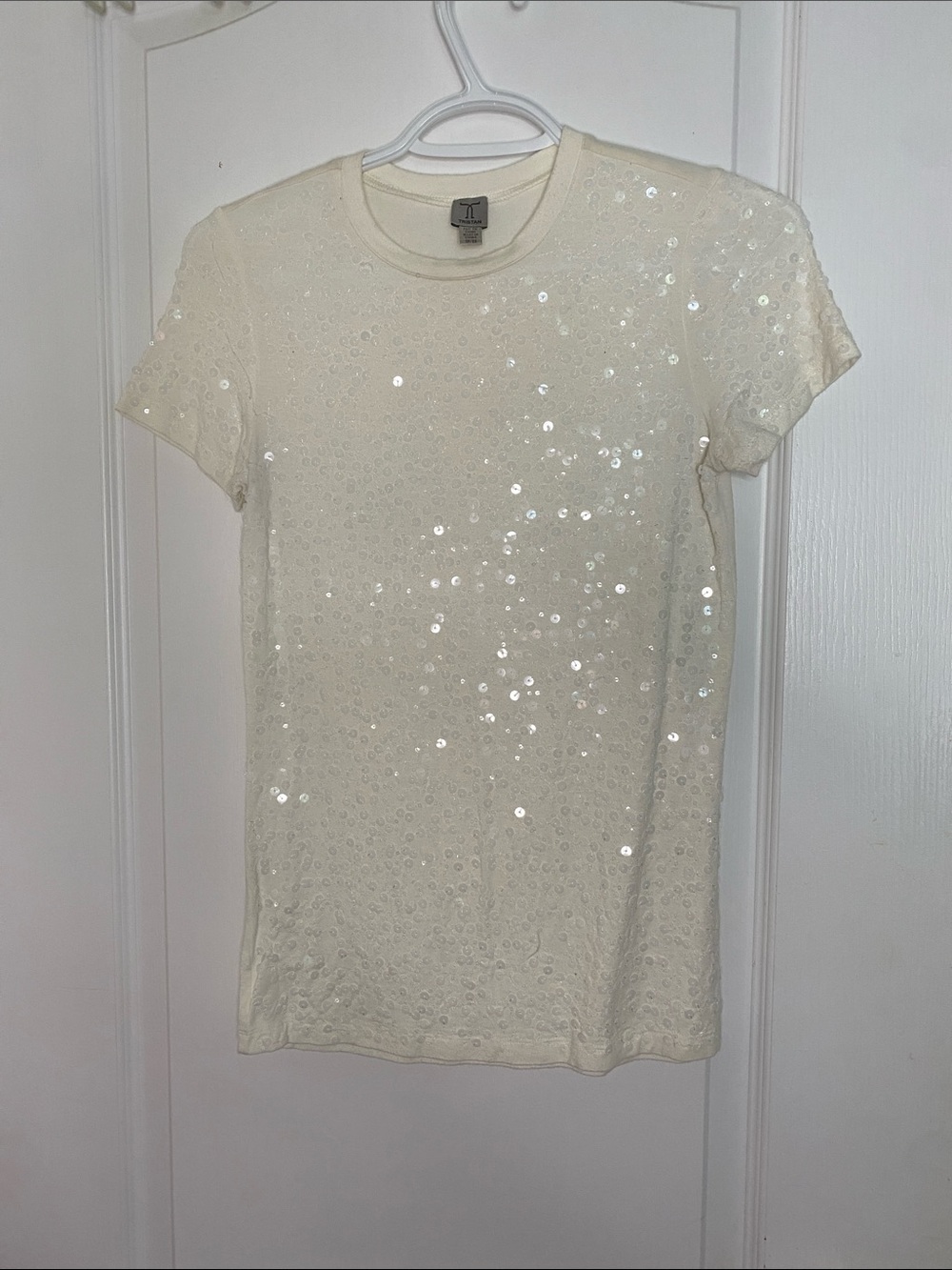 Tristan Cream Sequin Short Sleeve Crewneck Top